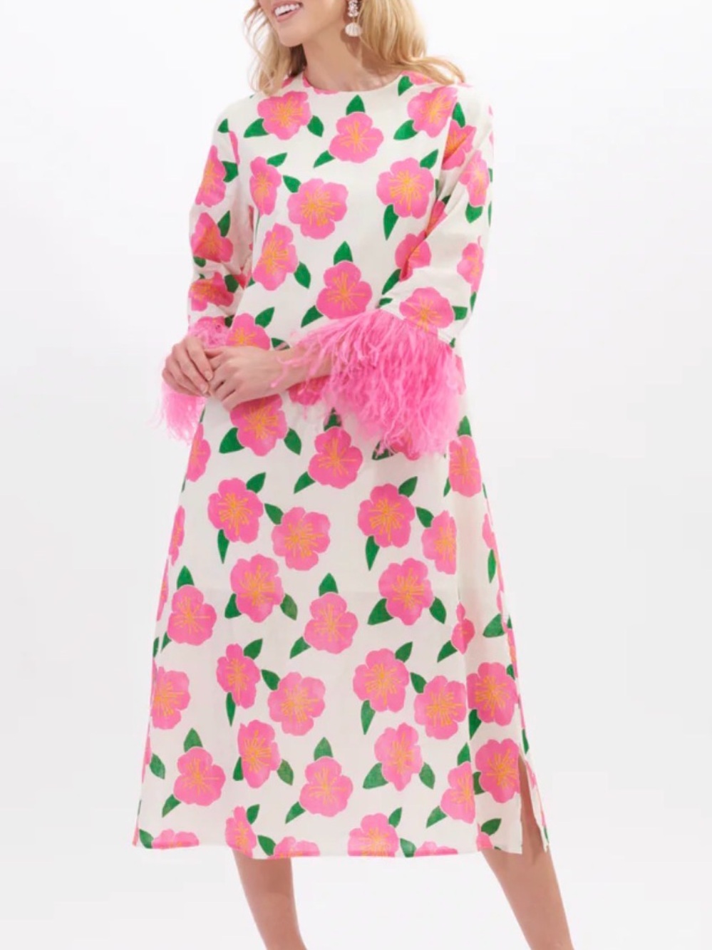 Bright Pink and Green Floral Midi Dress with Feather-Trim Sleeves